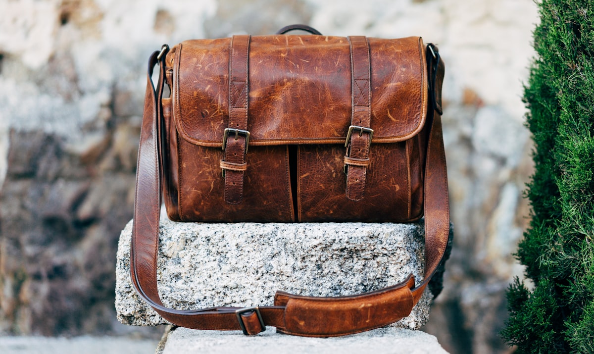 Leather bag on a stone surface